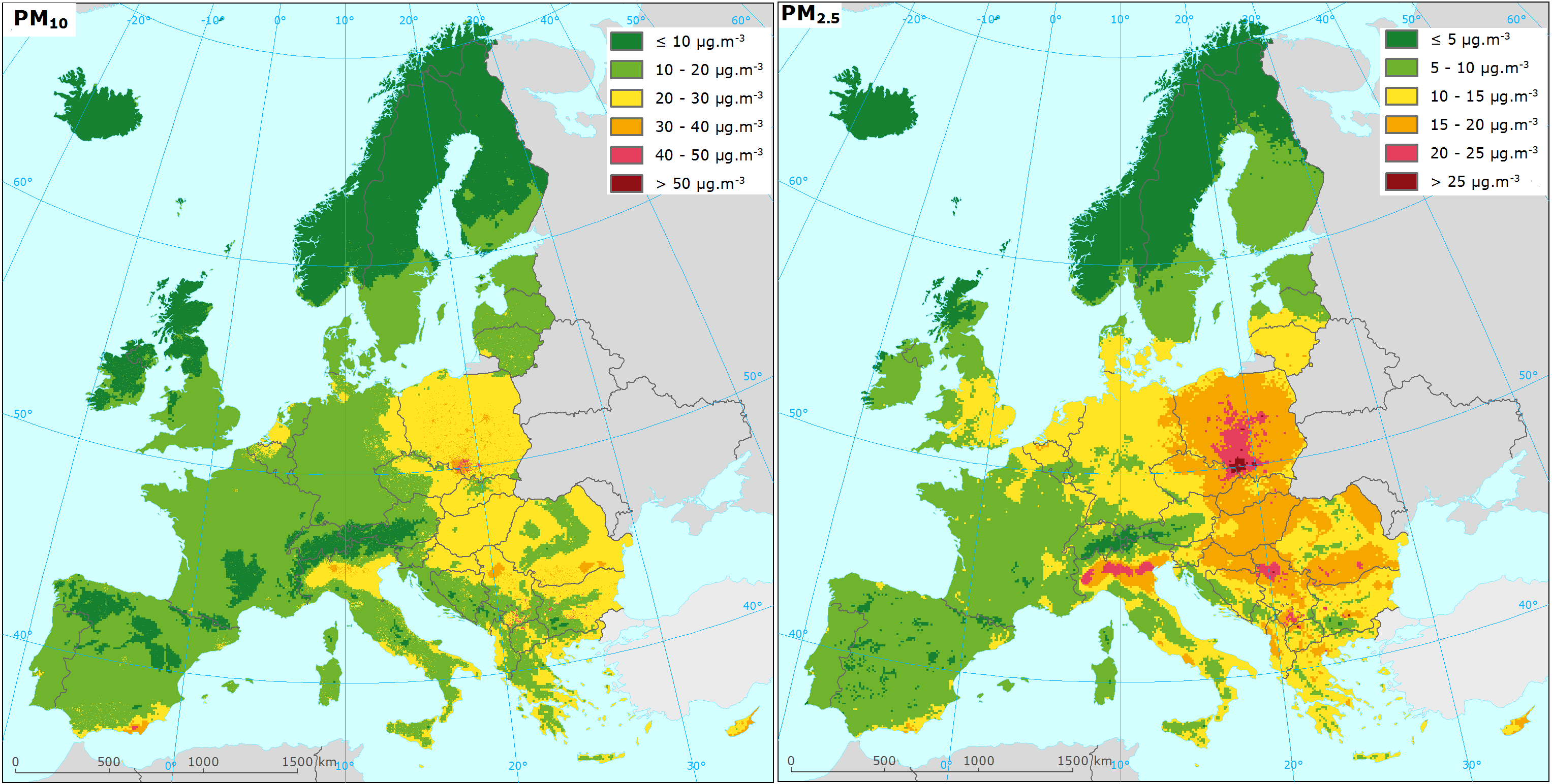 Mapa zanieczyszczeń cząstkami PM - dane średnioroczne, 2014 r.