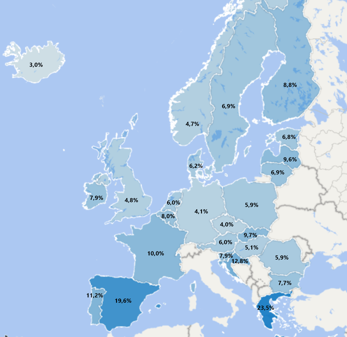 Stopa bezrobocia w Europie w 2016 r.