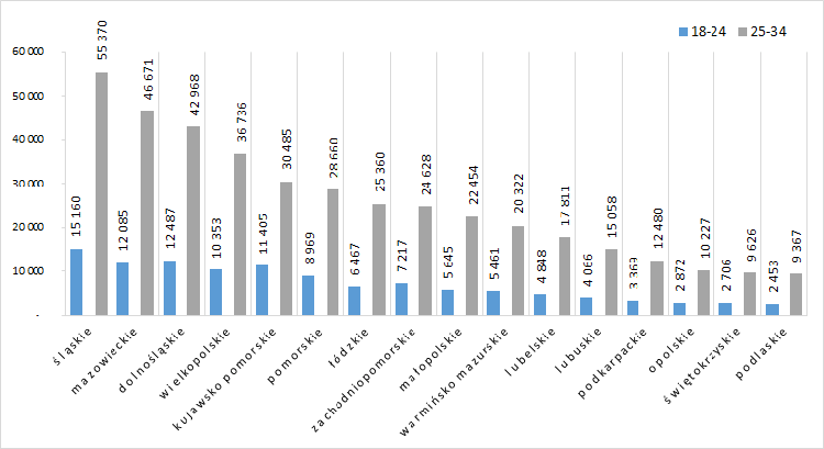 Liczba dłużników zarejestrowanych w BIG w kategoriach wiekowych 18-24 i 25-34 w województwach.