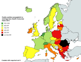 Punkty państw europejskich w rankingu Euro Health Consumer Index 2016.