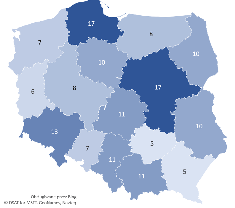 Liczba strzelnic w poszczególnych województwach.